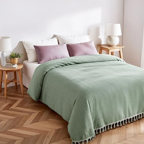 Loomvia Tagesdecke 200x220 cm aus 100% Baumwolle | Salbeigrün | Weiche Baumwolldecke als Kuscheldecke, Bettüberwurf & Sofa Überwurf | Decke Baumwolle für Couch & Bett | Boho Decke