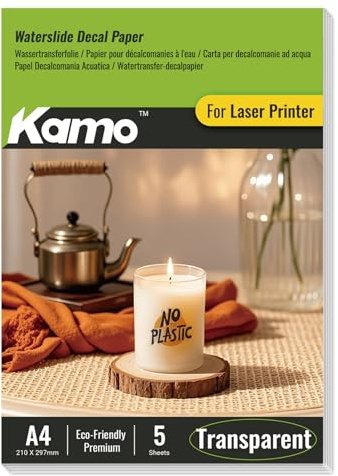 Kamo 5 hojas de papel de vinilo transparente A4 para impresora láser, para cerámica, vidrio, tazas, velas, plástico y proyectos de modelismo