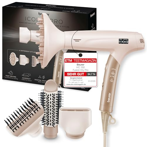 Beurer HC 150 FusionDry Pro hårtork, ultralätt fön med kraftfull digitalmotor, ergonomiskt vikbart handtag perfekt för resor, jonfunktion för glänsande hår, inkl. 4 stylingmunstycken