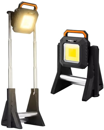 NEO TOOLS Projecteur de chantier télescopique sans fil - 3000 lumens COB LED - Avec batterie externe, choix de la température de couleur et trépied - Lampe de travail pour atelier, chantier et