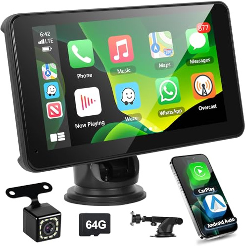 Motorsi Wireless Carplay Display Android Auto, 7 Zoll Tragbares Autoradio mit Kabelloses Carplay Bildschirm, Digital Receiver mit Bluetooth GPS Navigation AUX/FM Mirror Link Siri Voice Control