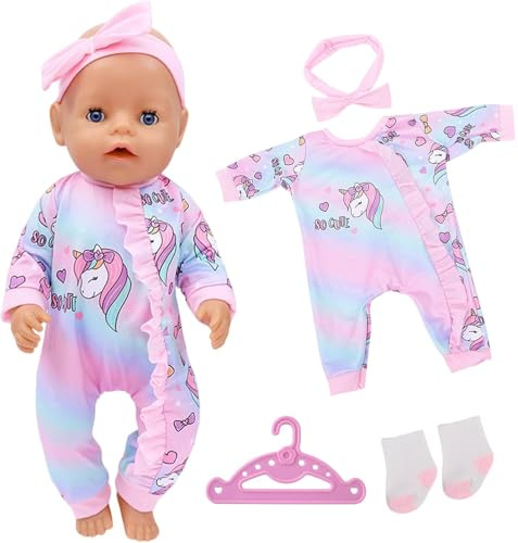 Babypuppenkleidung für 14-18 Zoll Babypuppen, 4 Stück Puppenkleidung 43cm mit Puderblauer Pony Strampler Socke Stirnband Kleiderbügel Puppen Schlafanzug Zubehör für Karneval Geburtstagsgeschenk