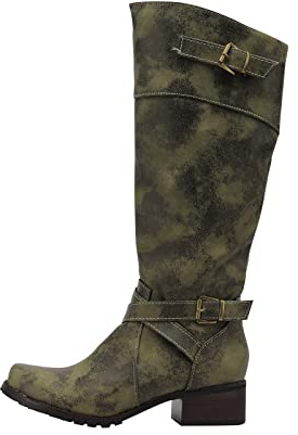 Bottes hautes pour femmes à mollet large et confortables Bottes rondes à boucle avec fermeture éclair latérale élégantes Bottes d’équitation à talon bas et chaudes à enfiler Bottes d’hiver, Vert, 38.5