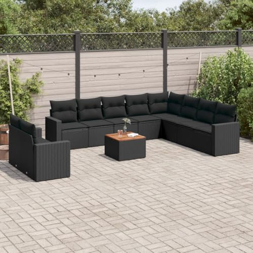 Qnhdfrt Garten Sofa Garnitur Set Schwarz PE Rattan 11 teilig mit Kissen und Tisch für Garten Terrasse Balkon