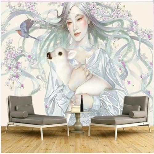 XLMING Rétro Dessiné À La Main Femme Faon Oiseaux Fleurs Violettes 3D Papier Peint Texture Soyeuse Intissé Salle à Manger Bureau D'étude Canapé Chambre Salon TV Mur-430cm×300cm