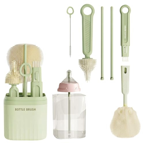 Baby Bottle Brush Set, 6-in-1 Food Grade Silicone & PP Baby Bottle Cleaner Brush Kit with Bottle/Nipple/Straw Brushes, 2 Drying Racks & Storage Case, Baby Travel Essentials(Green)