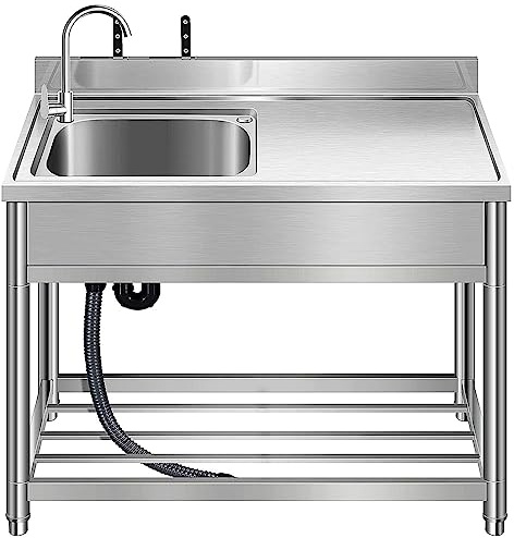 Set di lavelli da cucina per ristoranti commerciali indipendenti, lavello in acciaio inox a una vasca, per esterni con tubo dell'acqua fredda, lavabo, lavanderia con ripiani portaoggetti da banco da