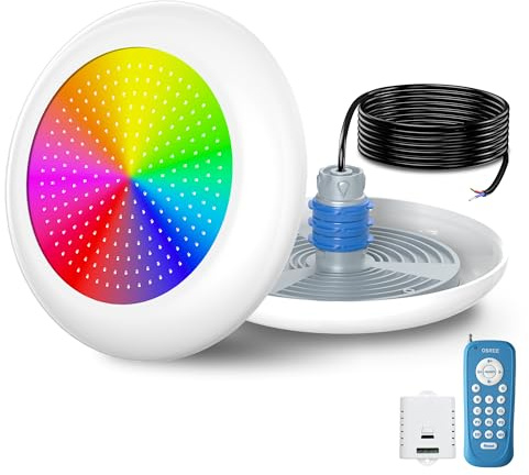 OSREE LED Poolbeleuchtung mit 1,5 Außengewinde, 25W Harz Gefüllt RGB Mehrfarbig Poolscheinwerfer mit Fernbedienung, Ø242mm, 12V AC Unterwasserscheinwerfer für Einbaunische 1 1/2 Zoll der Beckenwand