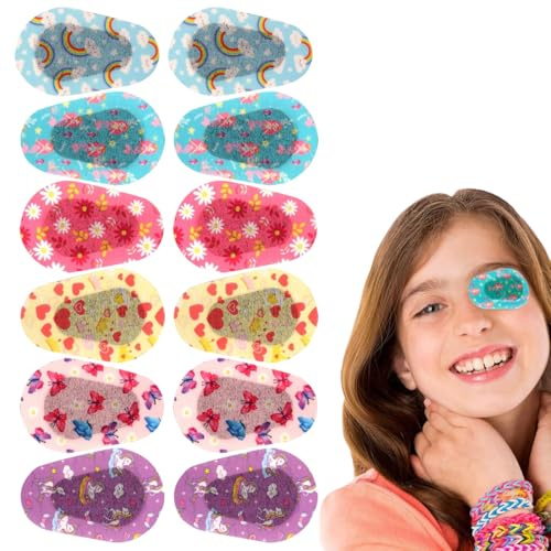 12 bende oculari per bambini, benda occhio adesiva e traspirante in tessuto non tessuto con 6 disegni cartoon, adatta per terapia dell‘occhio pigro (ambliopia) e protezione dalla luce per dormire