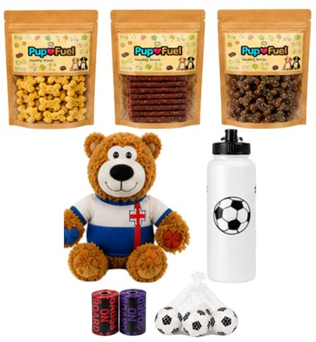 Pup Fuel Dog Gift Hamper Set | Natural Dog Treats & Football Toys, Sausages, Cheese Bones & Beef Liver Treats, Puppy Birthday Gift, New Dog Gift