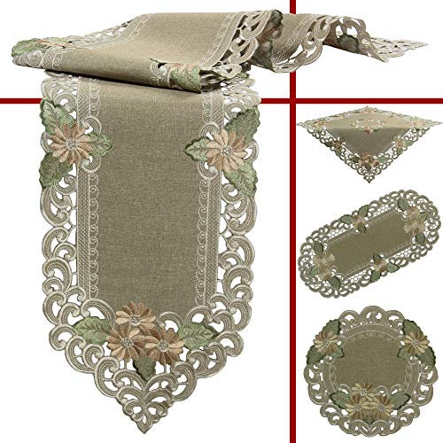 Quinnyshop Tischdecke Tischläufer Set Leinen-Optik Blumen Stickerei ca. 40x110 cm Oval Polyester, Grün-Beige