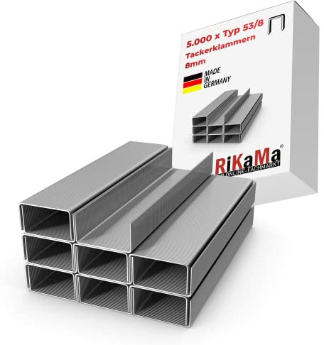 RIKAMA® – robuste Tackerklammern Typ 53/8 zur Verwendung in Hand-, Druckluft- und Elektrotackern – 5000 Stück Heftklammern 8mm für den Gebrauch in Holz, Polstermöbeln, Span- und Rigipsplatten