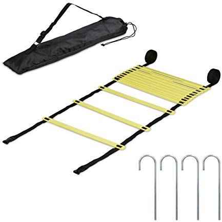 Relaxdays Koordinationsleiter, 6 m, 12 Sprossen, Trainingsleiter Fußball Zubehör, mit Tasche & Heringen, schwarz/gelb