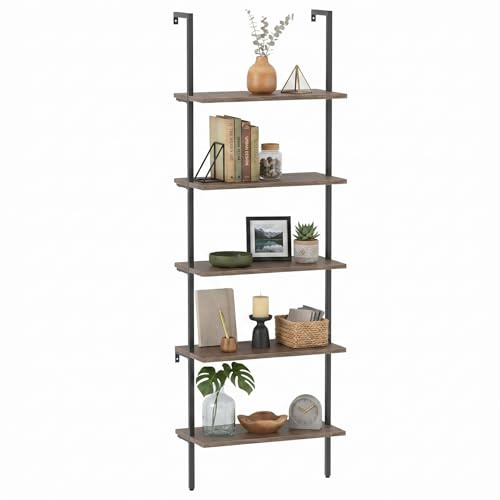 aboxoo Ladder Shelf Open Bookshelf 5-tier Wood Wall-mounted Bookcase Storage Rack Open Back Industrial Modern Plant Flower Stand Utility Organizer Bookcase Metal Frame Furniture Office Kitchen Bedroom