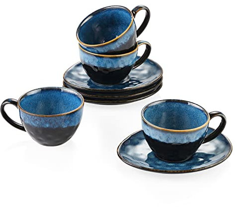 vancasso Starry Cup and Saucer Set, Ceramic Coffee Cup Set for 4 People, 270 ml Afternoon Tea Cup Set, Espresso Cup, Cappuccino Cup, Suitable for All Kinds of Drinks, Blue