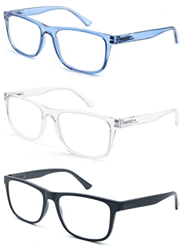 MODFANS 3 Paires de Lunettes de Lecture Hommes Femme,Lunettes Loupe Monture Large Confort Vision Nette,Lunettes de Vue Leger Branches a Ressort,Couleur Noir-Bleu-Transparent