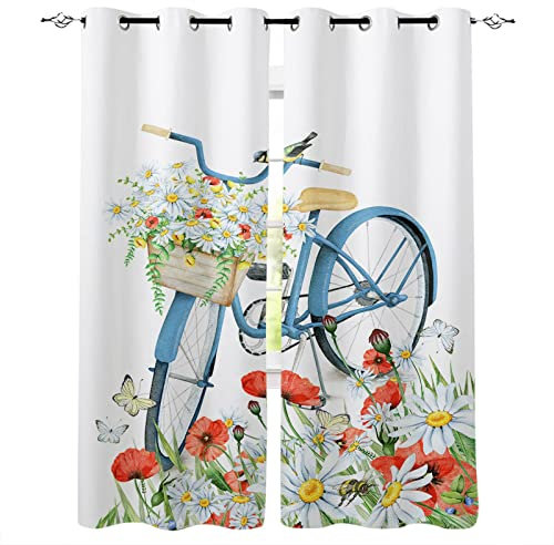 MTBDDyyds Verdunkelungsvorhänge 3D Drucken 150X166Cm Bunt Blumen Fahrrad Verdunklungsvorhänge Kinderzimmer 2 Stück Vorhang Blickdicht Ösenschal Kindergardinen Junge Verdunklungsgardine