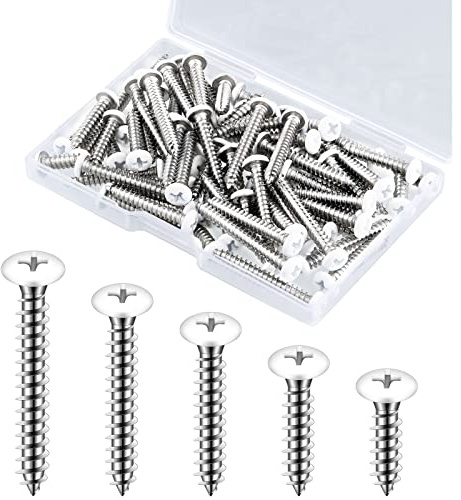 Funrous 100 Pcs #8 Pan Head Screw Sheet Metal Self Tapping Stainless Steel Wood to Metal Screws for Wall Plates Switches Covers Replacement, 5 Sizes (White)