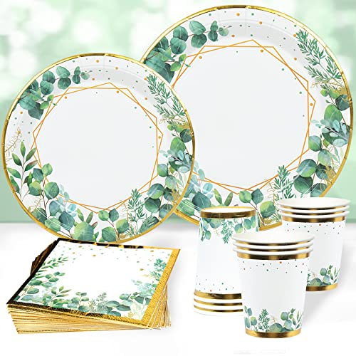 Set Piatti Tovaglioli Carta Verde Salvia, 96 Pezzi Stoviglie per Feste in Verde, Piatti per Baby Shower Tazze Tovaglioli per Feste Compleanno, Baby Shower, Safari Giungla Decorazioni Feste Safari