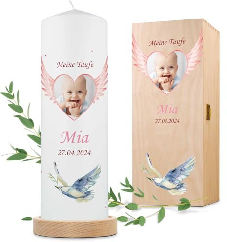 GRAVURZEILE Candela stampata – Cuore – Candela fotografica per battesimo – Candela battesimale con propria foto – Personalizzata con nome, data e immagine – Candela pilastro di alta qualità 250/80 mm