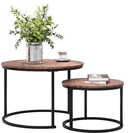 Round Nesting Coffee Table Set of 2 for Living Room, End Side Table with Metal Frame for Small Space, Black and Brown, 69.5 x 49 cm and 49.5 x 35.5 cm (Dia. X H)