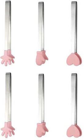 NentMent Mini-Dessertzange, Edelstahl, Eiswürfel-Clip, rosa Handherz, Handschuhform, klein, rutschfest, Silikon, Backen, Brotzange, Clips für Kinder, Grill, Salat, Süßigkeiten, Zucker,