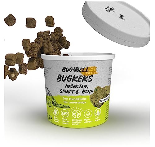 Set om 8 (8 x 150 g) | BugBell träningsgodis för hundar | hundkex spannmålsfri och sockerfri | naturliga ingredienser | spenat och hampa för avkoppling | allergivänligt och purinfattigt insektprotein