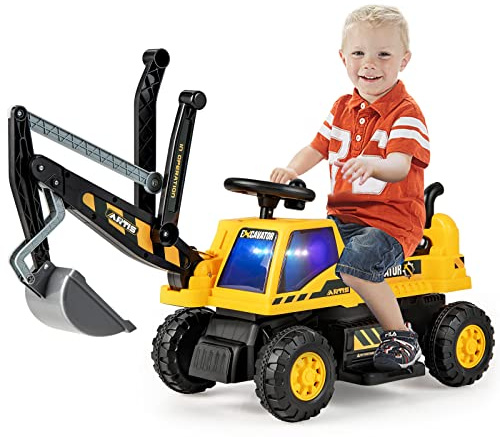 DREAMADE Pelleteuse Électrique 6V Enfant 3+Ans avec Godet Réglable Excavatrice Autoportée avec Lumières LED,Musique,Klaxon Véhicule de Construction Garçons Filles Charge 25KG (Jaune)