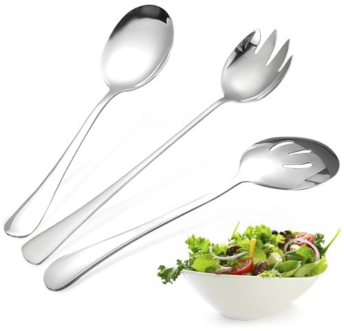 Salatbesteck Set, 3 Stück Salatbesteck Edelstahl Salat Besteck Servierlöffel aus Edelstahl Salatgabeln aus Edelstahl, 27.9 cm Große Salatgabel und Servierlöffel für Bankett, Zuhause, Restaurant