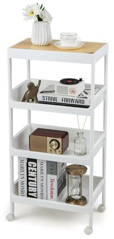 GIANTEX Rollwagen mit 4 Ebenen, Nichenregal auf Rollen, Küchenwagen Servierwagen mit abnehmbarem Tablett, Küchenregal Allzweckwagen Aufbewahrungswagen für Küche Badezimmer 40x26x84 cm