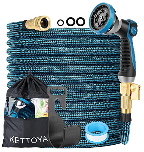 KETTOYA 50FT Expandable Garden Hose, Flexible Water Hose with 10-Pattern Spray Nozzle, Leak-Proof Retractable Heavy Duty Hose Pipe, 4-Layer Latex Core, Durable 3750D, Male Valve Connector, Kink-Free