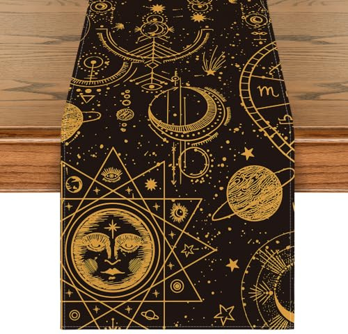 Artoid Mode Schwarz Gold Astrology Okkulter Mond Magie Tischläufer, Küche Esstisch Couchtisch Dekoration Drinnen Urlaub Party Dekor 40x140 cm
