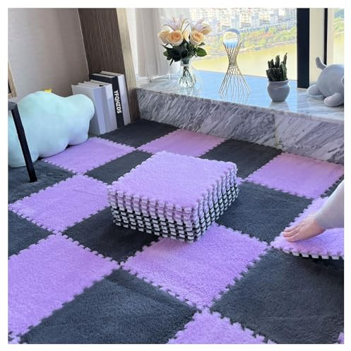 20 Pcs Carpet Puzzle Mats for Floor,Plush Interlocking Carpet Tiles,Plush Puzzle Foam Floor Tiles Squares,for Playroom,Home Decor,4 Ft X 5 Ft(Size:0.23 Inch,Color:Gray+Purple)