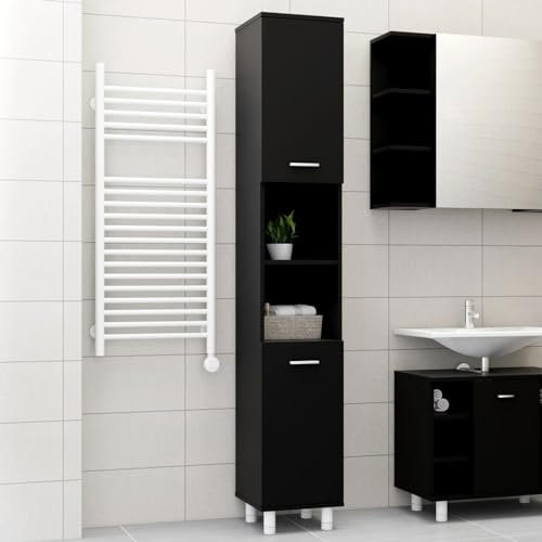 Vopese Badezimmerschrank Badschrank Badhochschrank Hochschrank mit 6 Fächer und 2 Türen Badregal Badezimmerregal Badmöbel Schrank Schwarz 30x30x179 cm Holzwerkstoff