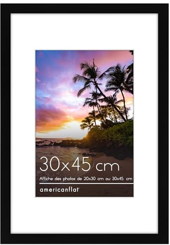 Americanflat 30x45 cm Bilderrahmen aus MDF-Holz mit 20x30 cm Passepartout - 45x30 cm Fotorahmen mit Plexi-Scheibe und integrierter Aufhängung für Hoch- und Querformat - Schwarz