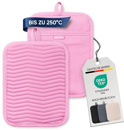 Bellphany 2er Set Topflappen Handschuh Silikon - Topfhalter, Rosa | Rutschfeste Topflappen hitzebeständig bis 250°C zum Kochen & Backen, wasserfest, oder als stilvolle Ofenhandschuhe