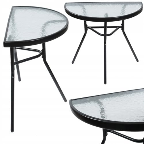 JUMI Praktiskt trädgårdsbord 70 x 64 x 40 cm - halvcirkelformat balkongbord för balkong, terrass, trädgård, camping, kompakt bord med glasskiva, metallram, svart