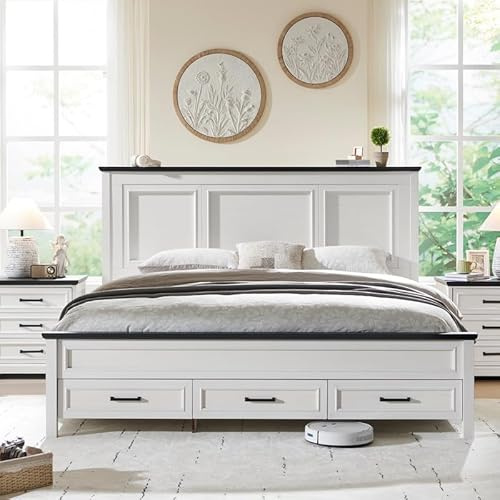 ACCOHOHO Farmhouse Queen Size Bed Frame with 52 Tall Headboard, Wood Platform Bedframe with Footboard and Storage Drawers, No Squeak, No Box Spring Needed, Off White