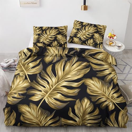 Sommer Bettwäsche 135x200 Tropische Monstera - Schwarz Gold Bettbezug 135 x 200 2er Set mit Kissenbezug 80x80, Weiche Mikrofaser Sommerbettwäsche mit Reißverschluss für Schlafzimmer Deko U-&176