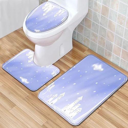 Bad Teppiche Set 3-Teiliges Lila Cartoon WC Vorleger Mit Ausschnitt Badematte Saugfähig WC Deckelbezug Badvorleger rutschfest Waschbar Toilettensitzbezug Badgarnitur (50x80cm)