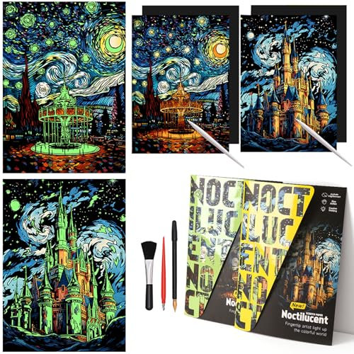 Scratchboard Art für Erwachsene-Luminous-Scratch Painting Kits für Erwachsene, Noctilucent Kunst und Handwerk für Jugendliche mit Scratchboard Tools (Vergnügungspark&schönes Schloss)