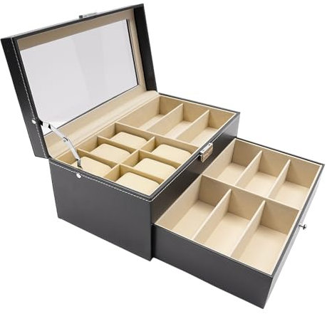 Aangeebone Joyero para 6 relojes y 9 gafas, caja de 2 capas, adecuada para joyas, gemelos, eslabones de repuesto, anillos, pendientes, collares, 33,5 x 19,5 x 15,5 cm