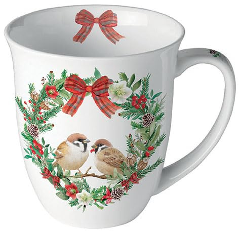 Ambiente Becher Kaffeetasse Tee Tasse 0,4 l Fine Bone China Porzellan serie sparrows in wreath Vögel Spatz Zweige Winter Weihnachten Advent