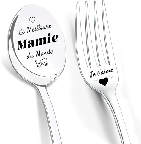 LIHIQIYA Cadeau Fete des Grand Mere, Cadeau pour Mamie, Cuillère à Café avec Gravées, Fourchettes avec Gravure, Meilleur Mamie du Monde, Cadeau Grand Mere, Cadeau Anniversaire pour Mamie Original