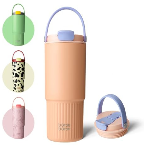 BOTTLE BOTTLE Isolierte Wasserflasche mit Strohhalm und Griff, Edelstahl-Wasserflaschen für Auto, Sport, Zuhause, Büro und Schule, 750 ml, auslaufsicher, pfirsichfarben