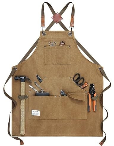 SEEHA Robuste Arbeitsschürze mit mehreren Werkzeugtaschen, Werkzeugschürze, verstellbare Kreuzrückenschürze, Haarschnitt, Teeladen, Barista, Schreiner, Maler, Overall, Arbeitsschürze(Khaki)