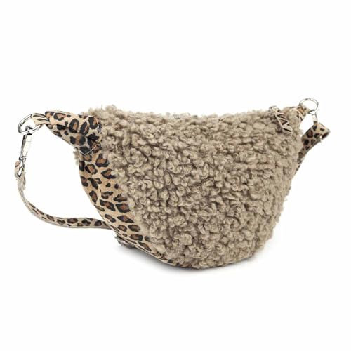 OBC Made in Italy Damen Teddyfell Tasche Leo Muster Plüsch Wildleder Schultertasche Bodybag Umhängetasche Crossbody Taupe