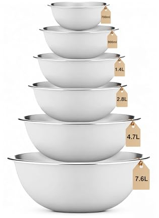 LOFERMA Stainless Steel Mixing Bowls Set - 6-Piece, Easy-Grip, for Baking, Cooking, Salad & Food Prep - 700ml, 900ml, 1.4L, 2.8L, and 4.7L and 7.6L (White)