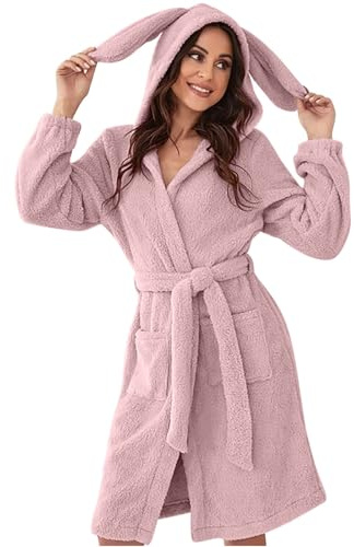 Dammorgonrockar fluffig mysig | Fleece morgonrock kvinnor öron badrock myskläder nattkläder damer morgonrockar varm och mysig nattlinne med fickor och bälte husrock enkel morgonrock, Rosa, S