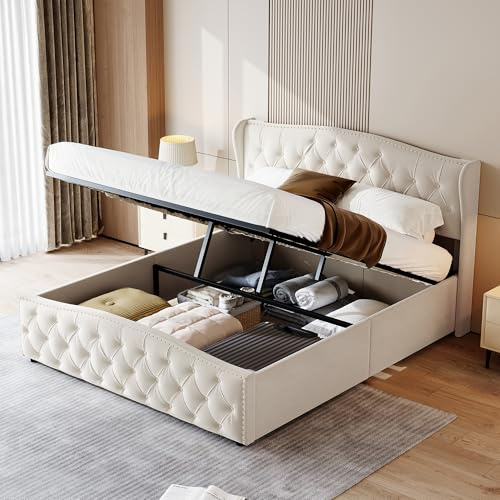 Hydraulisch Stauraumbett 140x200 cm, Samt Polsterbett Doppelbett mit Bettkasten und Lattenrost, Jugendbett Boxspringbett mit Stauraum, Funktionsbett Rückenlehne Bettgestell, Ohne Matratze (Beige)
